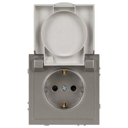 Розетка ЭРА Galaxy 15-2103-07 c заземлением 2P+E Schuko со шторками с крышкой 16А-250В IP20 титан | Эра Galaxy