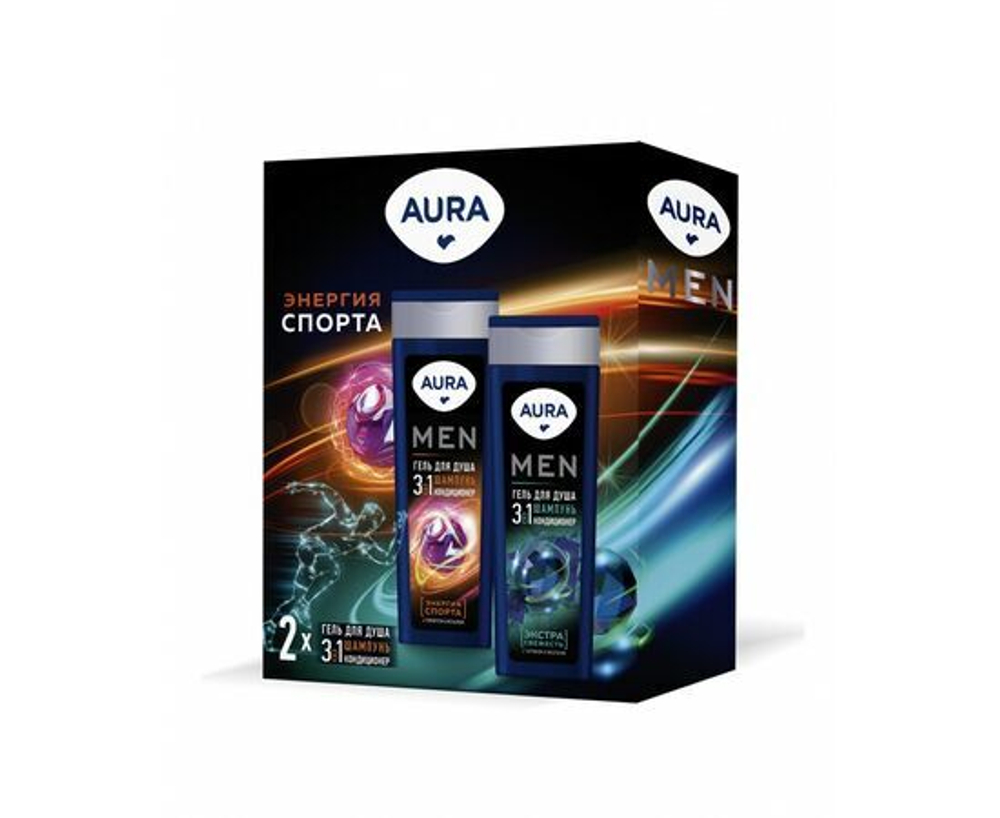 Aura Men Набор Энергия спорта (гель для душа 3в1 250мл, гель для душа 3в1 экстра свежесть 250мл)
