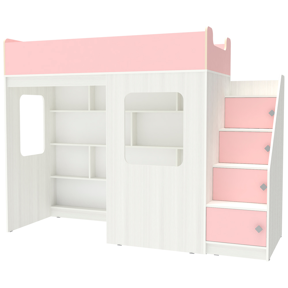 Кровать-чердак КарИВи Л-С604.3 75x175 Белое Дерево Розовый