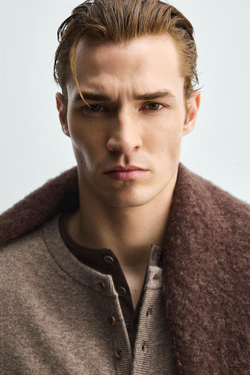 ZARA СВИТЕР ИЗ СМЕСОВОЙ ШЕРСТИ С ВОРОТНИКОМ НА ПУГОВИЦАХ, СЕРОВАТО-КОРИЧНЕВЫЙ