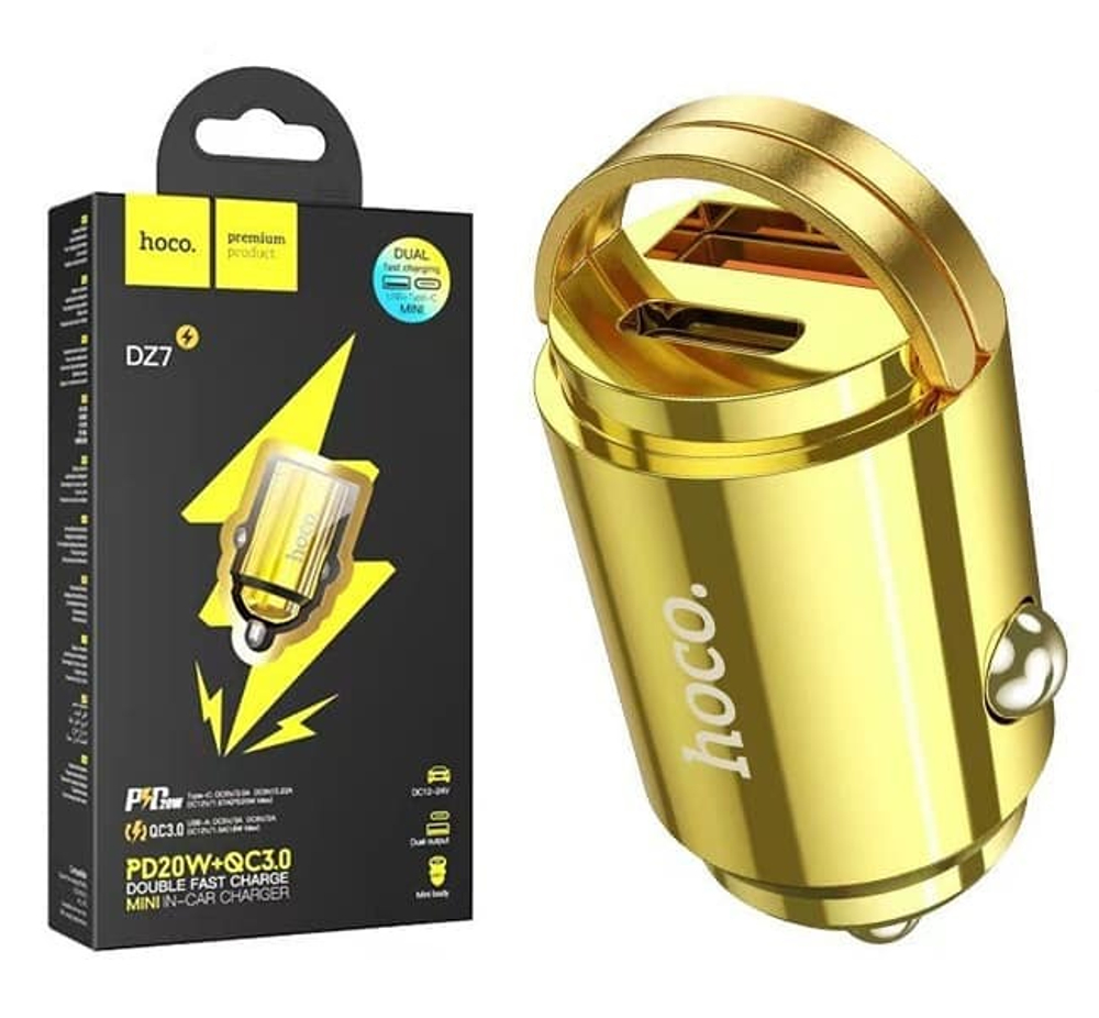 Автомобильный адаптер питания HOCO DZ7 PD 20W + QC 3.0 (золото)