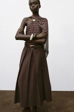 ZARA ЮБКА-КЛЕШ МИДИ С РЕМНЕМ, КОРИЧНЕВЫЙ