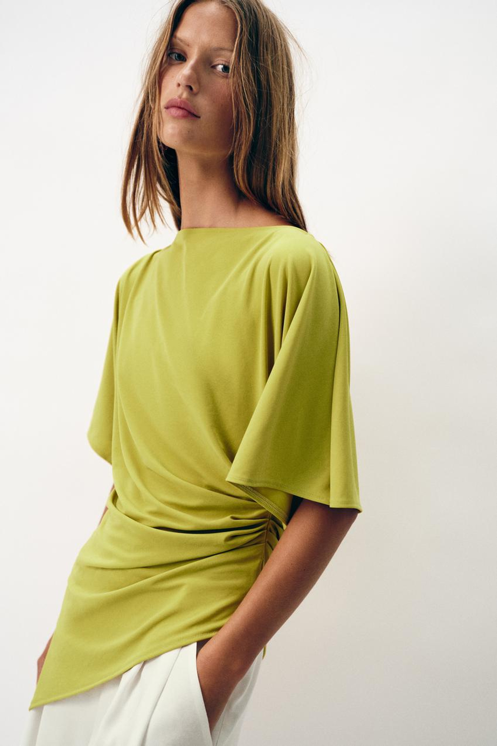 ZARA ТОП АСИММЕТРИЧНОГО КРОЯ СО СБОРКАМИ, ЛАЙМОВЫЙ