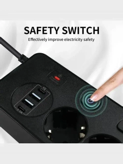 Сетевой фильтр с предохранителем и заземлением, 5 розетки + 2 USB / 2 TYPE-C, кабель 3м