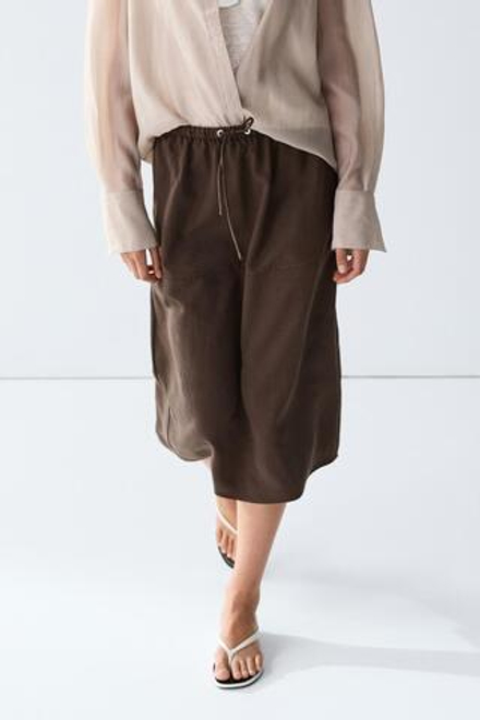 Massimo Dutti Струящаяся юбка миди на шнуровке, коричневый