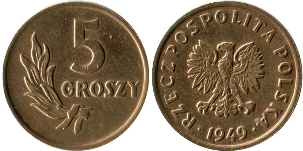 Польша 5 грошей, 1949 Бронза XF