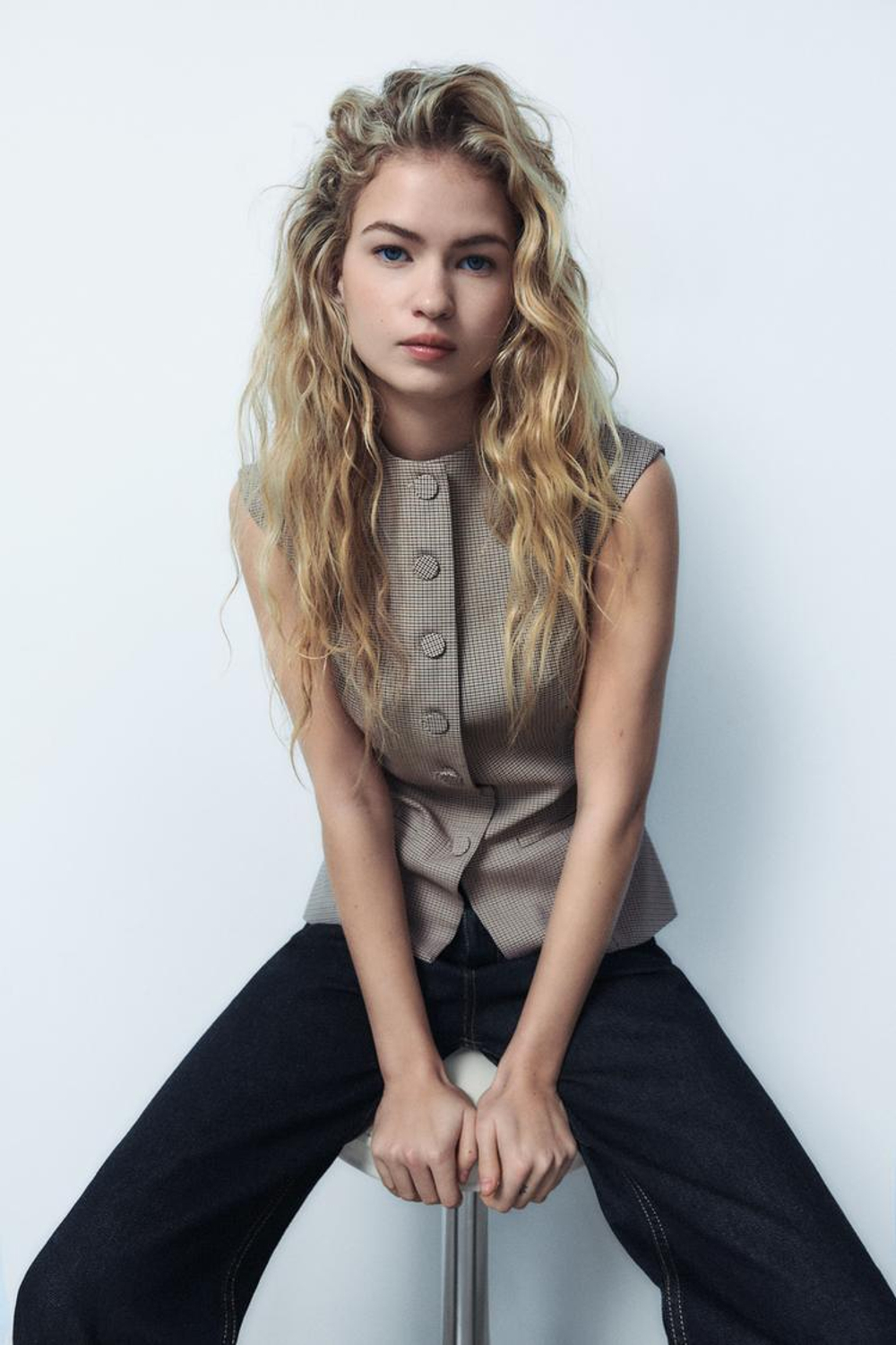 ZARA ТОП В КЛЕТКУ С ПУГОВИЦАМИ, БОРДОВЫЙ/ЭКРЮ