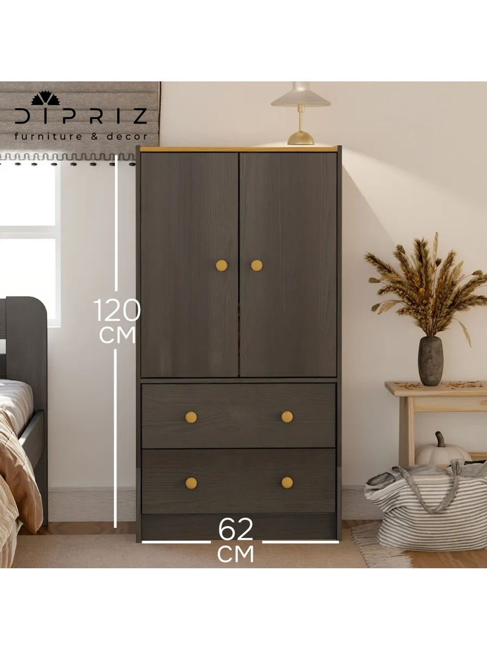 Комод Раст двухдверный 2 ящика, из сосны, серый/антик