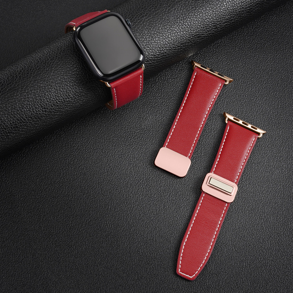 Ремешок из натуральной кожи красного цвета от Dux Ducis для смарт часов Apple Watch 42, 44, 45, 46, 49мм, серия YA Series