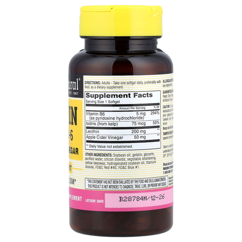 Mason Natural, лецитин с бурыми водорослями/витамином B6 и яблочным уксусом, 100 капсул