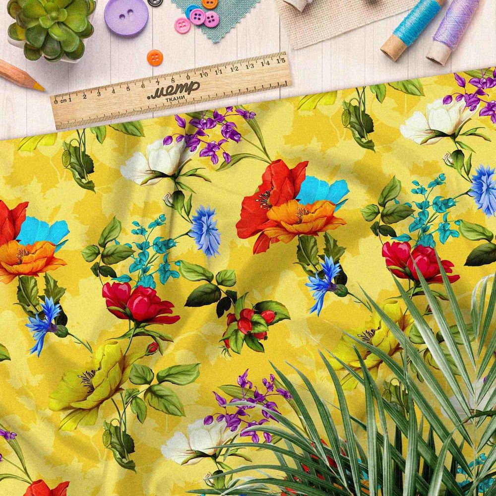 Ткань таффета цветы на желтом фоне
