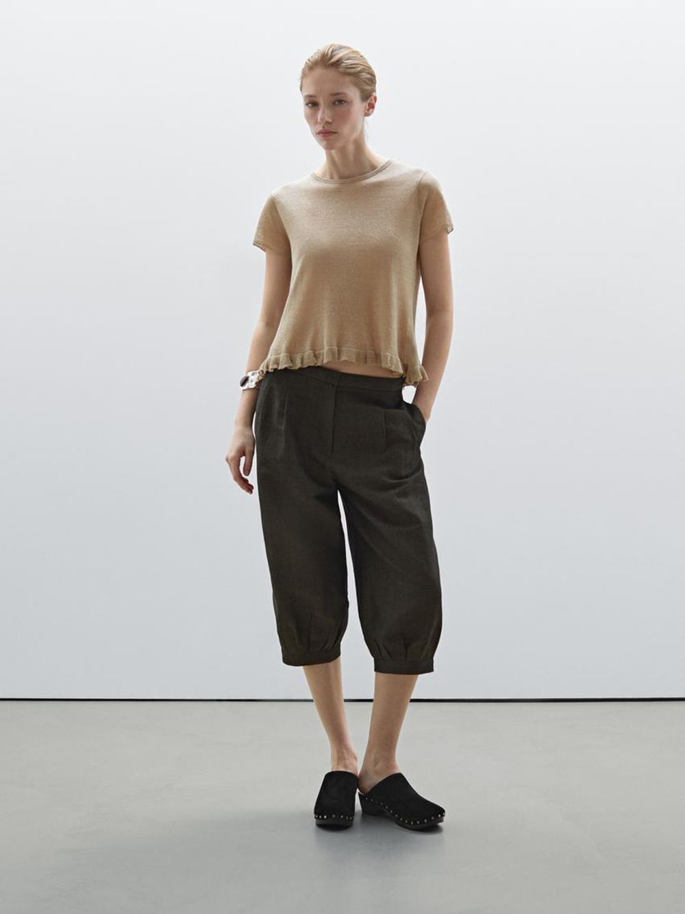 Massimo Dutti Футболка из 100% льна с волнистой кромкой по низу, дымчатый