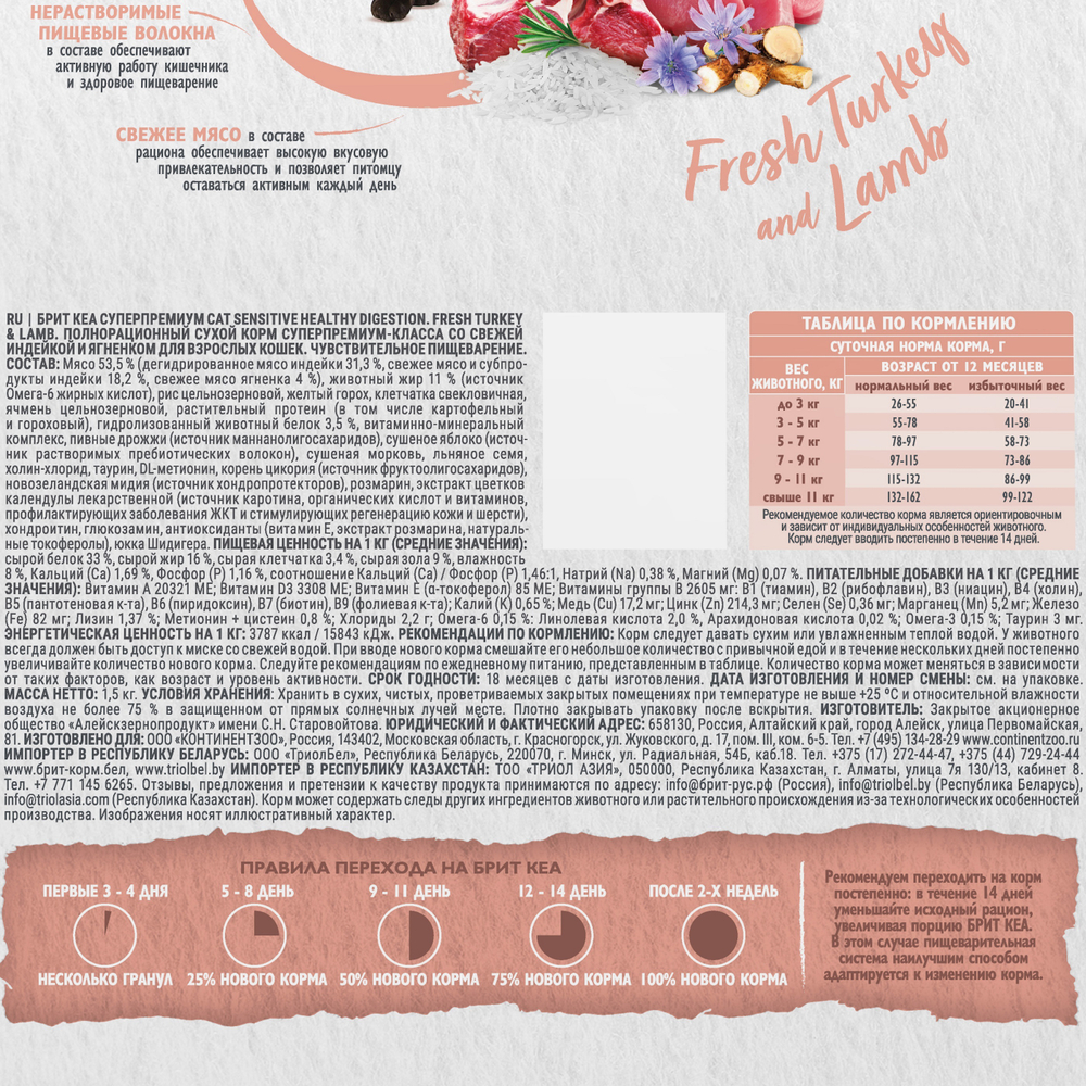 Сухой корм Брит Кеа SENSITIVE HEALTHY DIGESTION с индейкой и ягненком для взрослых кошек 1,5 кг