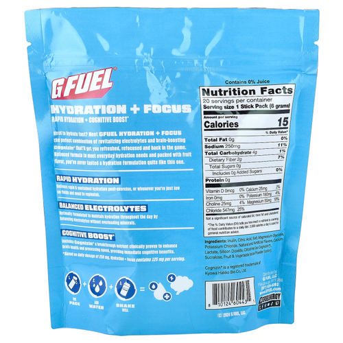 G FUEL, Hydration + Focus, смесь для приготовления электролитического напитка с Cognizin®, со вкусом клубники, 20 пакетиков-стиков по 6 г (0,21 унции)