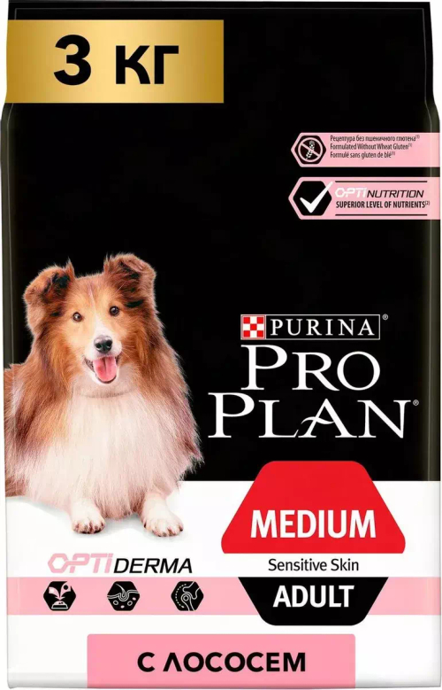 Сухой корм Pro Plan Medium Adult для взрослых собак средних пород с чувствительной кожей, лосось, 3 кг