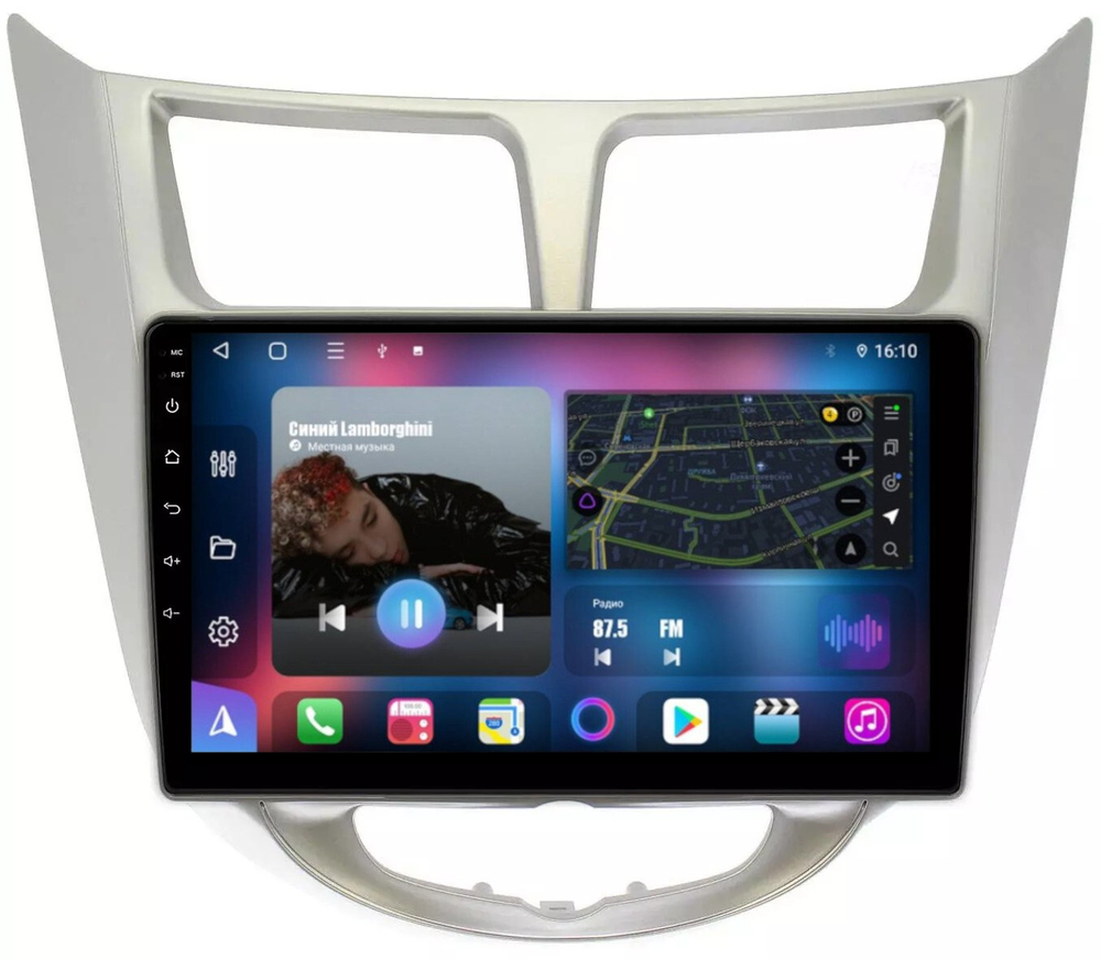 Магнитола для Hyundai Solaris 1 2010-2016 (рамка серебро) - FarCar BM067M монитор 9.5" QLED на Android 14, TS10, 4+32Гб, CarPlay, 4G SIM-слот