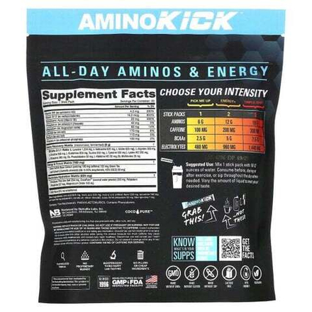 Электролиты NutraBio, Amino Kick, голубая малина, 20 пакетиков по 9 г (0,32 унции)