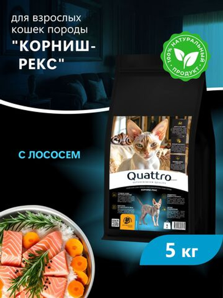 Корм сухой для взрослых кошек породы Корниш-рекс, с лососем, 5 кг, QUATTRO