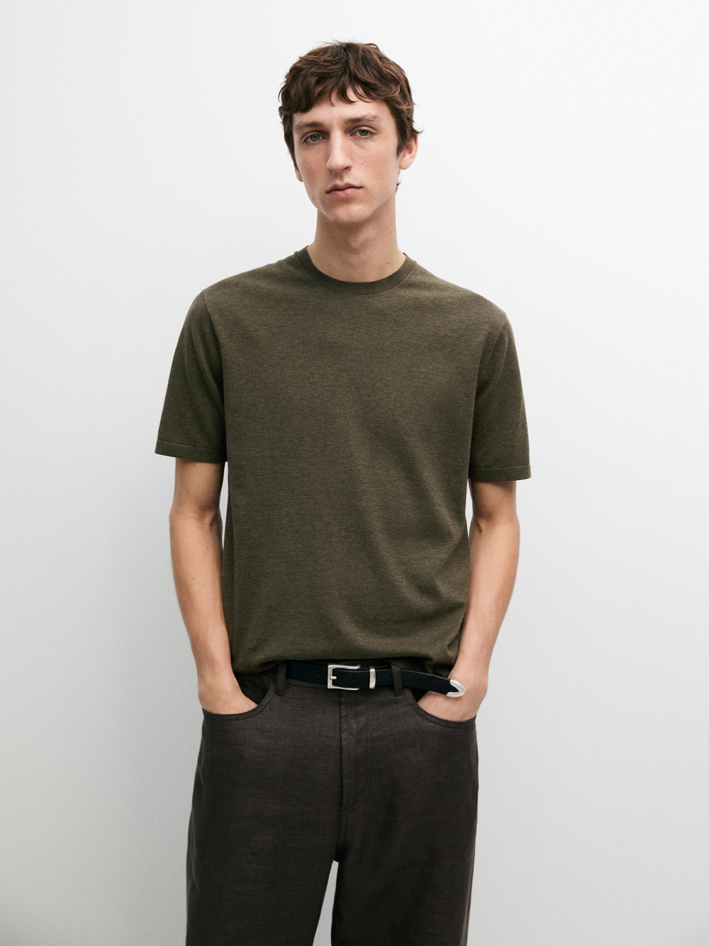 Massimo Dutti Хлопковая футболка с коротким рукавом, зеленый