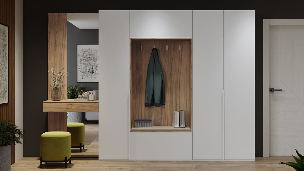 Прихожая с зеркалом комплект мебели Белый Жемчуг/Белый софт 305х36х217 см