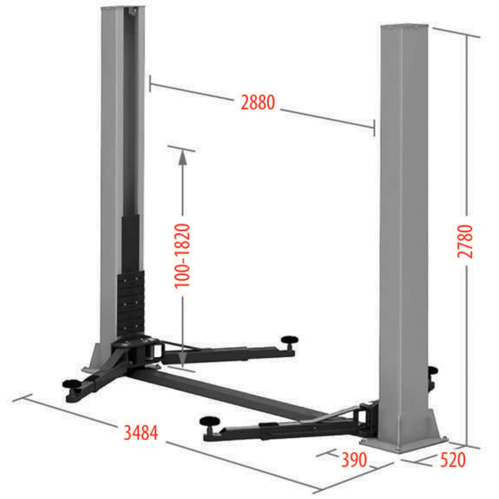 Подъемник электрогидравлический 4т 110-1900мм 2-х стоечный 220В ниж.синхрон. (электр. спуск) GTE
