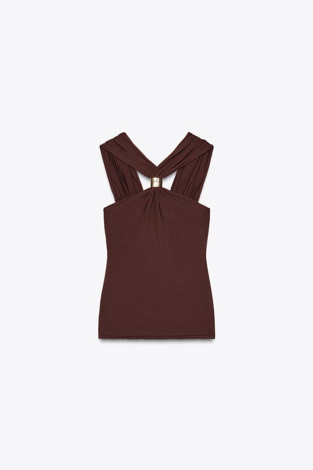 ZARA ТРИКОТАЖНЫЙ ТОП С ГОРЛОВИНОЙ ХАЛТЕР И ЗОЛОТИСТОЙ ДЕТАЛЬЮ, КОРИЧНЕВЫЙ