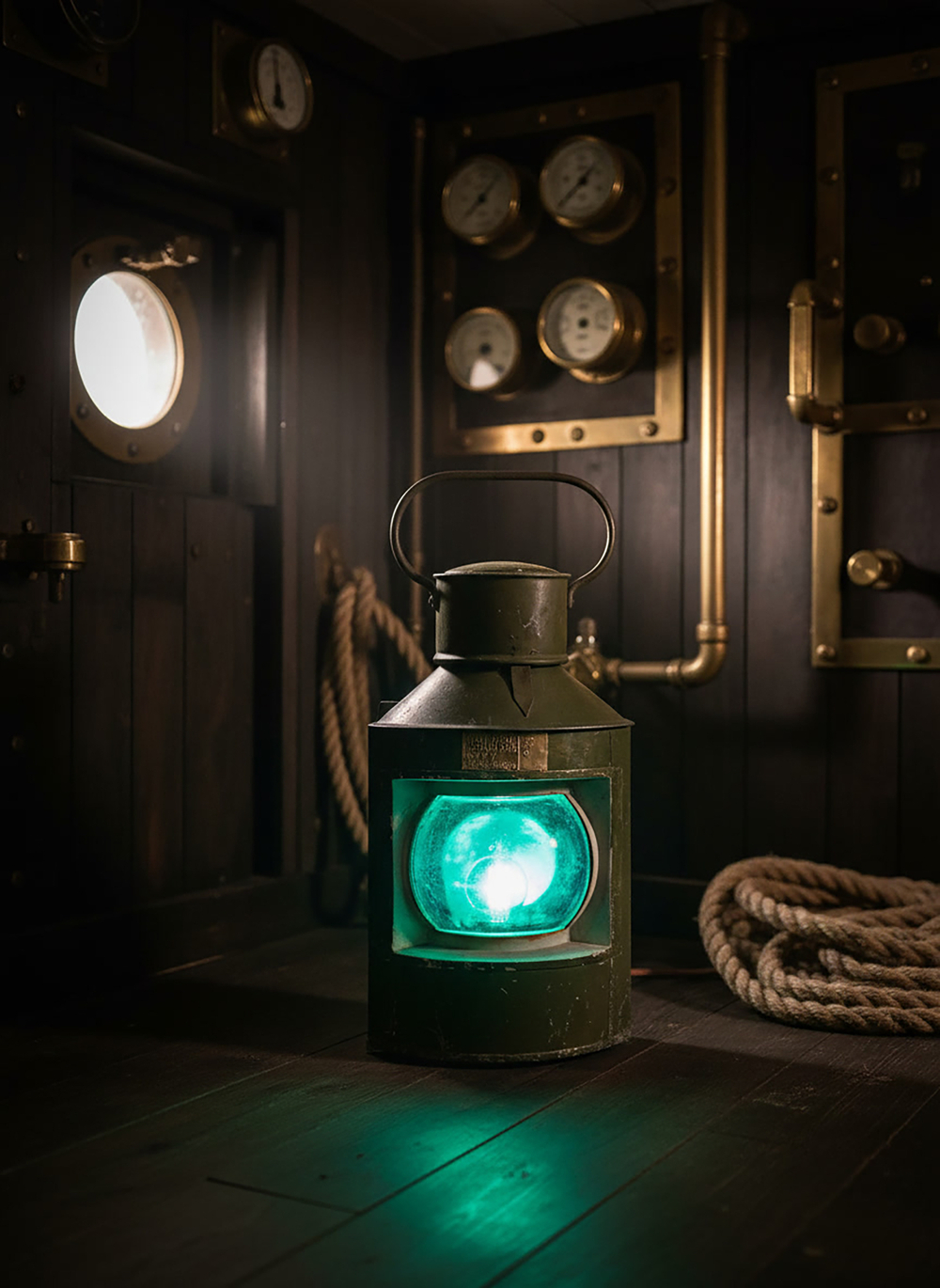 Навигационный фонарь WOODandROOT 1957 года с глубоким сине-зелёным светом в тёмной судовой среде с латунными приборами и канатами.