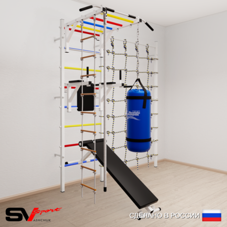 Шведская стенка Sv Sport усиленная 65520 (Турник рукоход/Брусья/Скамья/Канат/Лестница/Цепь/Мешок 22кг/Канатный лаз)