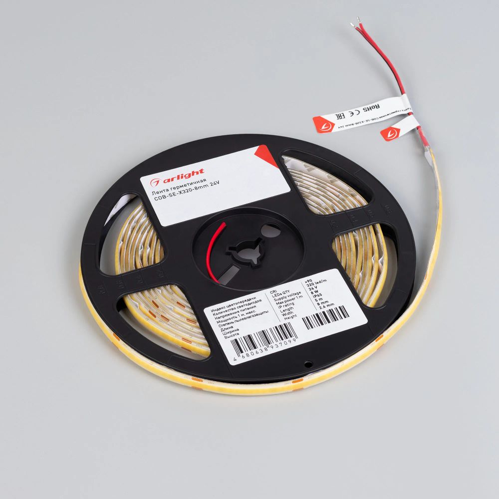 Светодиодная лента герметичная COB-SE-X320-8mm 24V Warm3000 (8 W/m, IP65, 5m) (Arlight, -) 058764