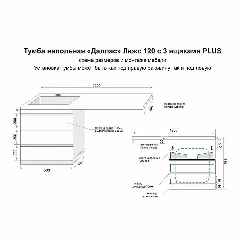 Тумба с раковиной напольная Style Line ДАЛЛАС 120 белая