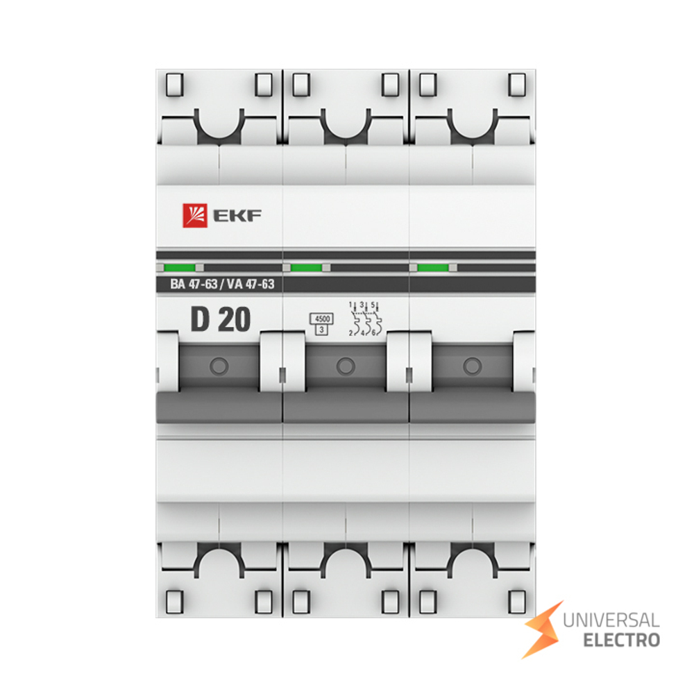 Автоматический выключатель 3P 20А (D) 4,5kA ВА 47-63 EKF PROxima