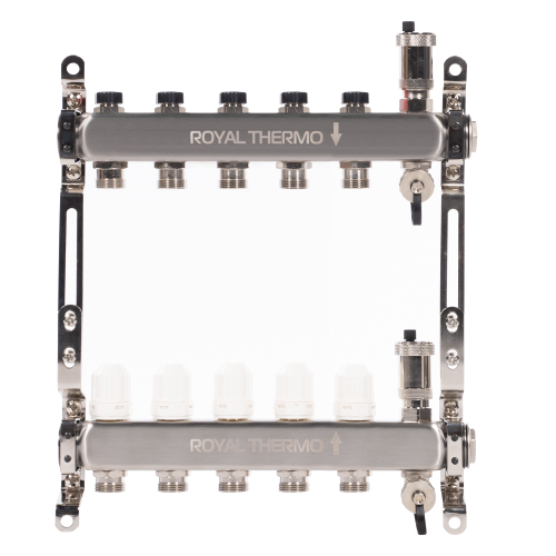 Коллектор Royal Thermo нерж. в сборе универсальный 1" ВР-3/4" НР с автомат. воздухоотвод-ми 5 вых.