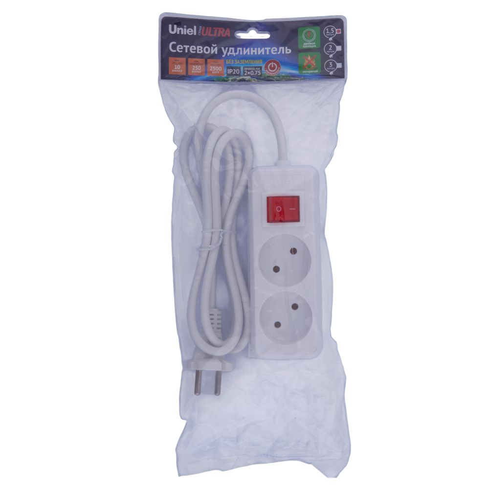 S-CU2-1.5B WHITE Удлинитель серии Ultra. шнур 1.5м.. 2 гнезда. 10A. б-з. Белый. TM Uniel