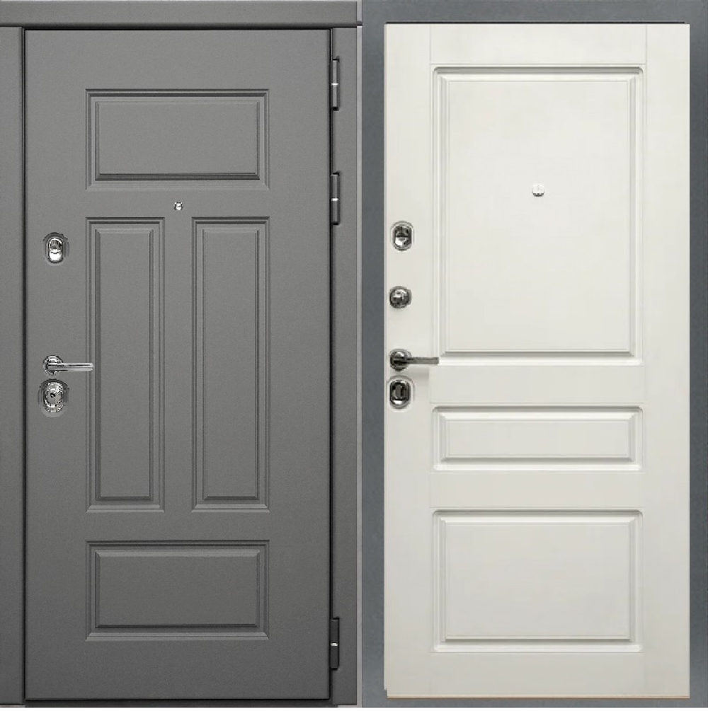 Входная дверь с шумоизоляцией Сударь МД-47 Ясень графит / Верона 2 Софт белый (белый матовый, без текстуры)