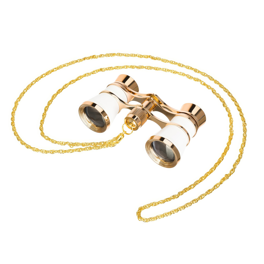 Театральный бинокль Levenhuk Broadway 325B, белый - Элегантный и стильный дизайн с металлическим корпусом и золотыми деталями.