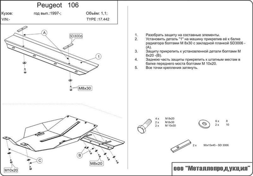 Защита картера и КПП Sheriff для Peugeot 106 (1A/1C) 1996-2003 арт.17.0442