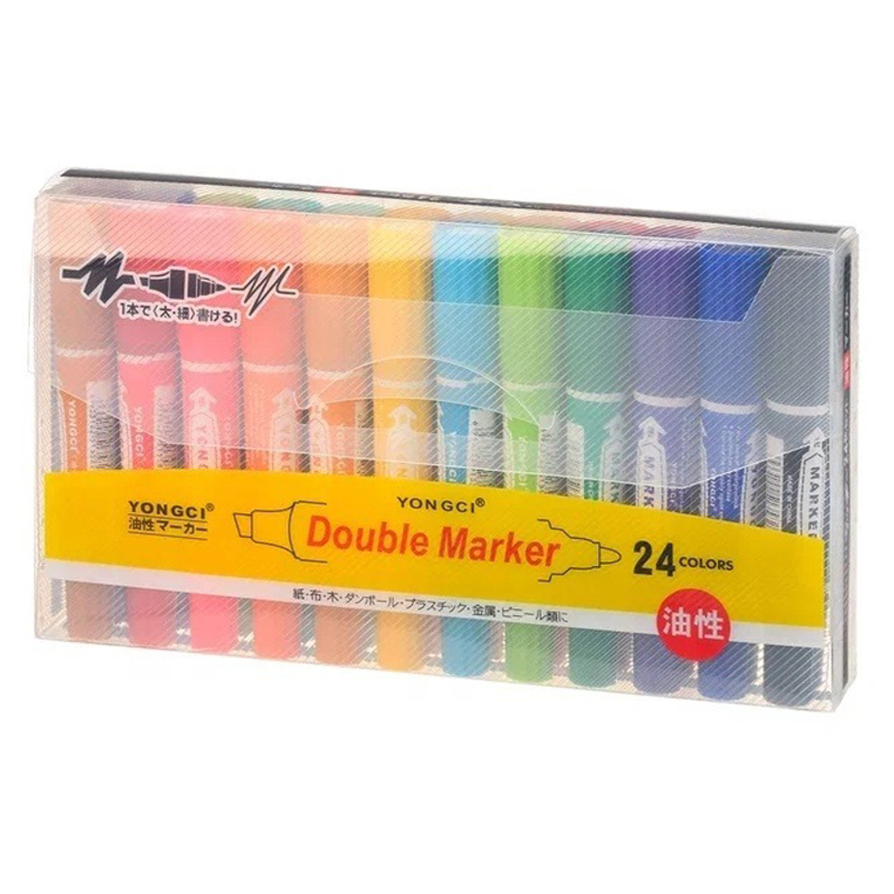 Маркер перманентный, двусторонний, Yongci, 21 мм, наконечник 5 и 2 мм, 24 шт, разноцветные