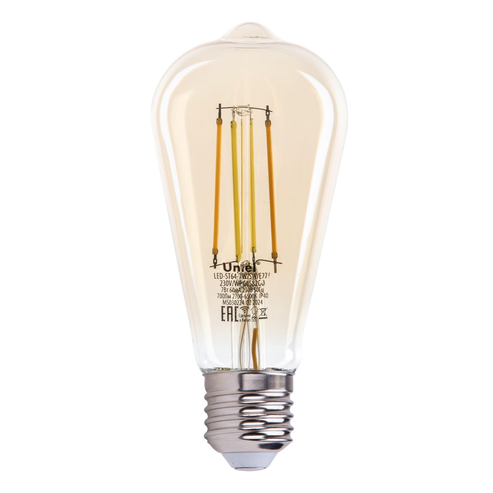 LED-ST64-7W-SW-E27-230V-WF GLS82GO Умная лампа светодиодная Wi-Fi+Bluetooth. диммируемая. Форма конус. золотистая. Стеклянная колба. 2700-6500K. Голосовое управление+приложение UnielSmart. TM Uniel