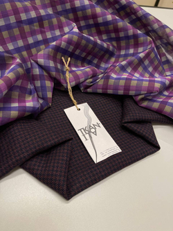 Костюмно-плательная смесовая шерсть со льном и шелком (Ermenegildo Zegna, 55%шерсть/30%лен/15%шелк, Бордово-синяя мелкая гусиная лапка, 150, 238 гр/м2)