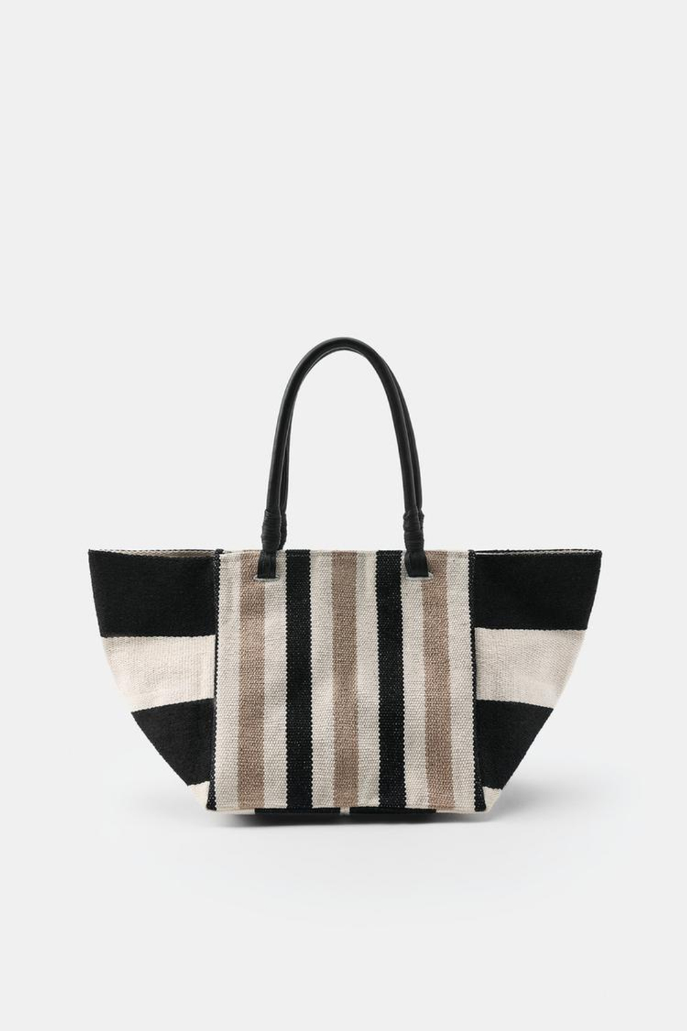 ZARA СУМКА В ПОЛОСКУ С КОЖАНЫМИ РУЧКАМИ, ПЕСОЧНЫЙ