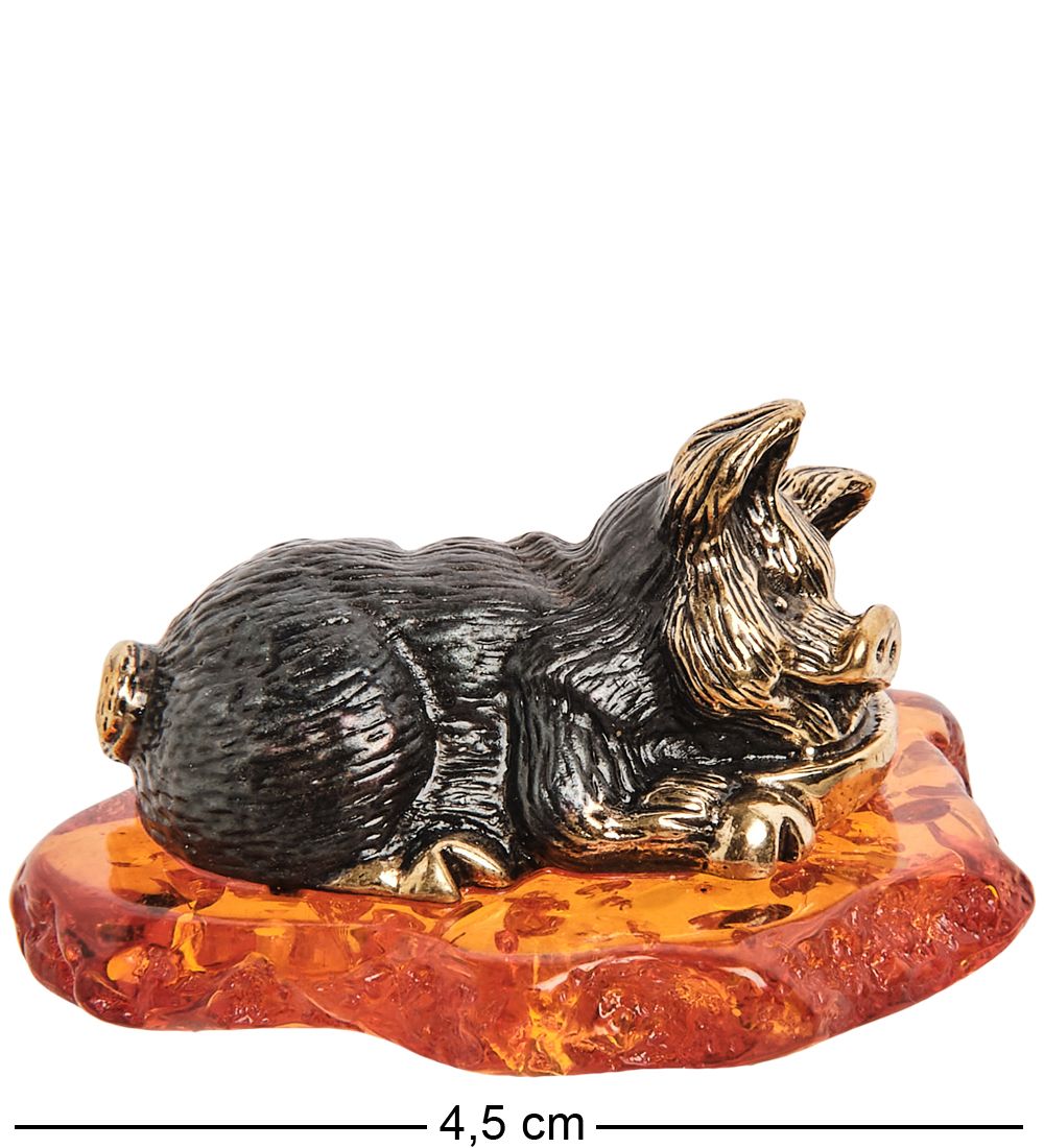 Народные промыслы AM-1592 Фигурка «Поросенок обжора» (латунь, янтарь)
