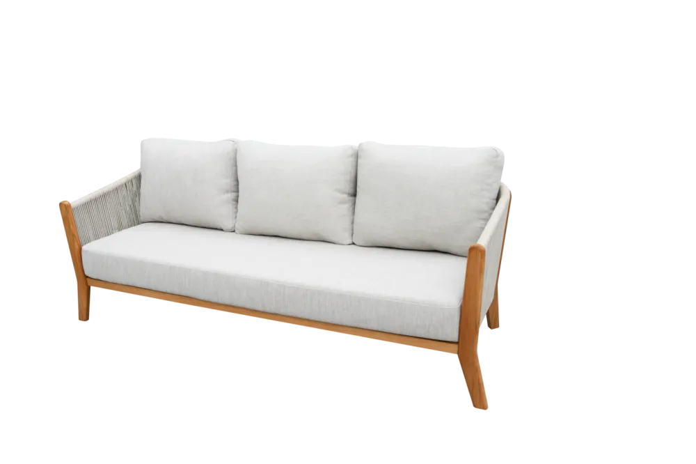 "Сидней" диван 3-местный плетеный из роупа, основание тик, каркас алюминий бежевый, роуп бежевый, ткань бежевая