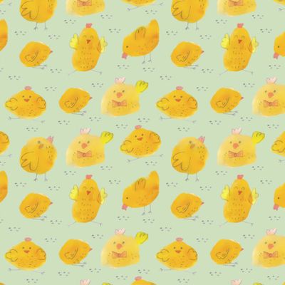 Акварельные цыплята на зеленом.