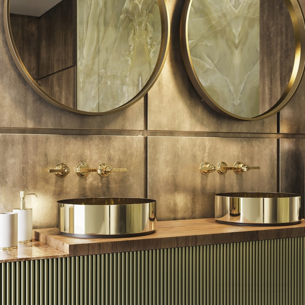 Смеситель для раковины Gessi Venti20, настенный, на 3 отверстия, без донного клапана, внешние части, цвет Brushed Brass PVD