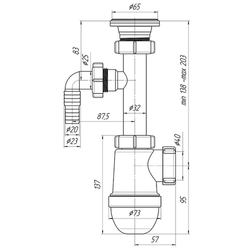 Сифон для раковины Ани Пласт 1 1/4"*40 с отводом для стиральной машины (C1300)