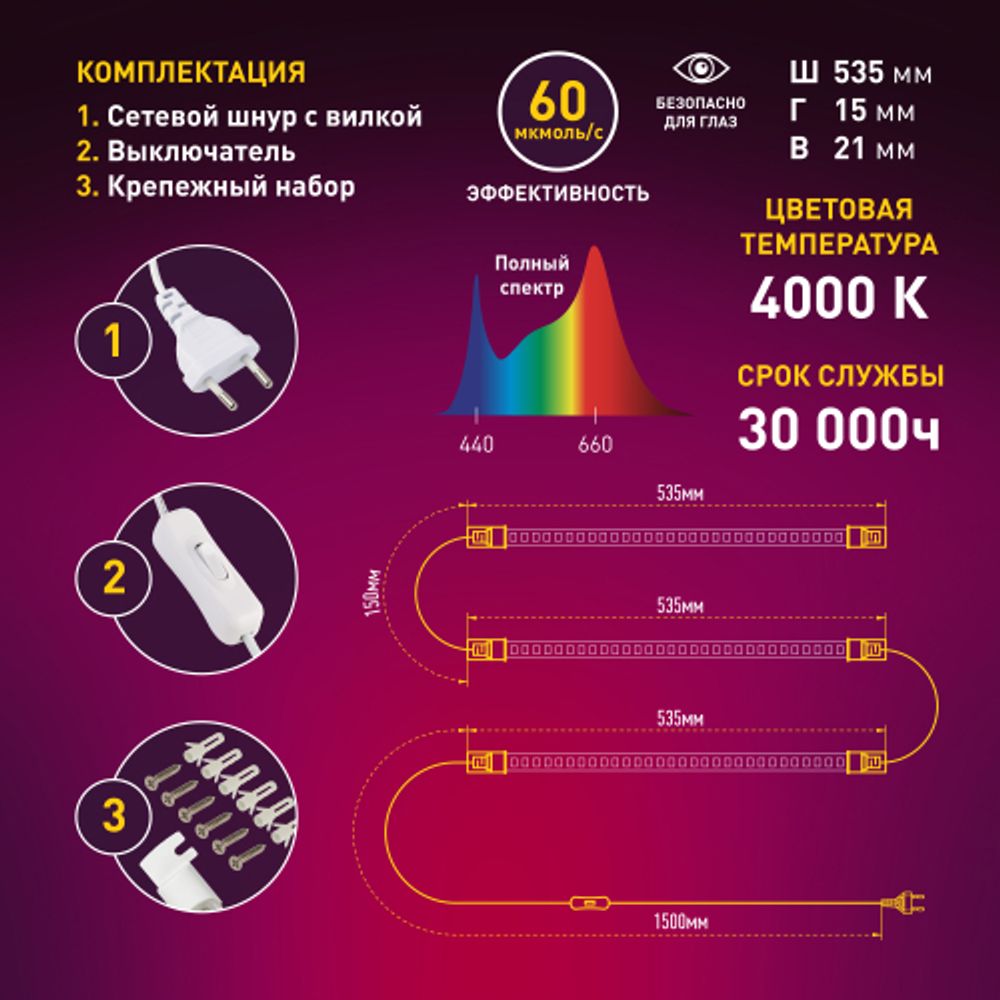 Модульный светильник для растений ЭРА FITO-3х10W-LINE-Ra90 полного спектра 30 Вт | Линейные фито светильники
