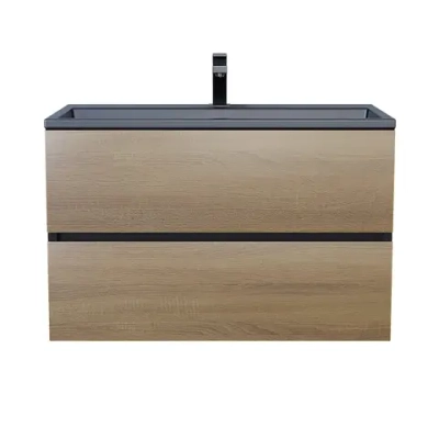 Тумба с раковиной Uperwood Barsa 80 см, раковина черная глянцевая, подвесная тумба черная/дуб сонома