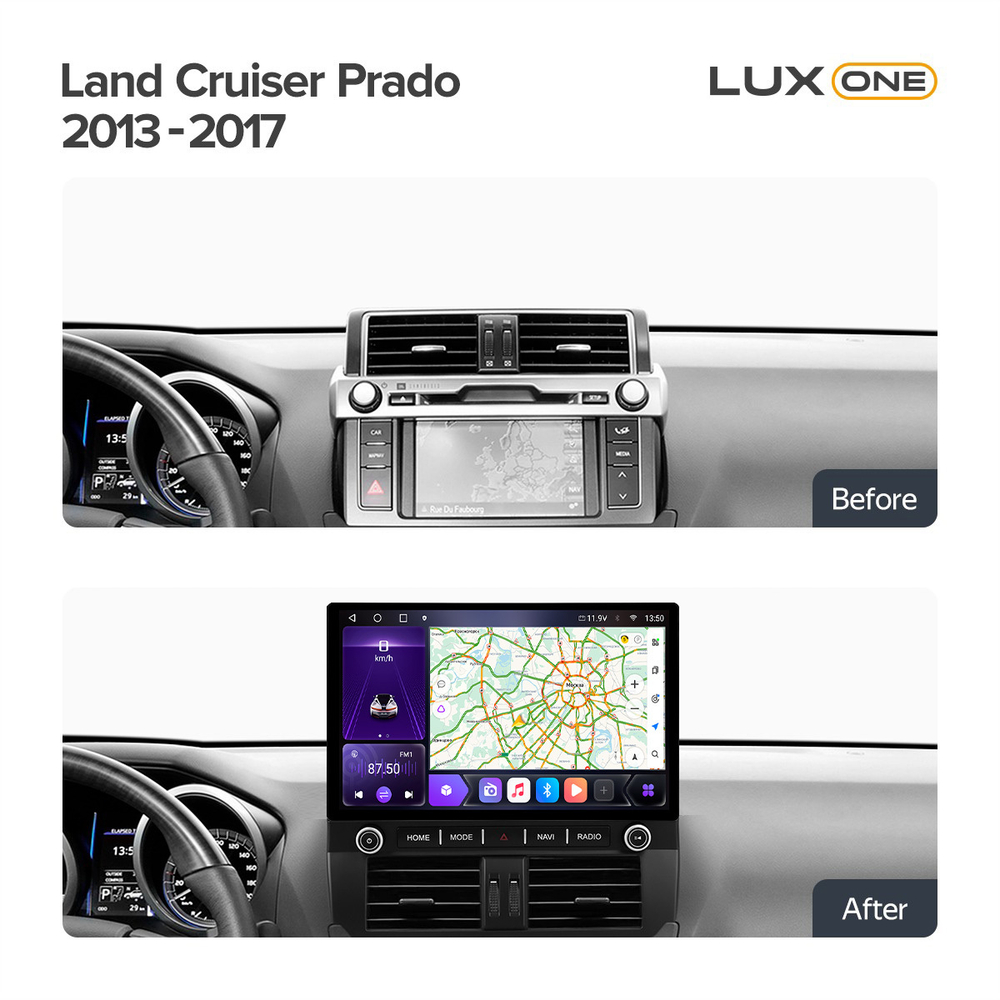 Магнитола Toyota Land Cruiser Prado 150 2013-2017 (без 360) - Carmedia LUX-PRA13/KP-13-464-S10 монитор 13" 2K QLED на Android 12, ТОП процессор, CarPlay, 4G SIM-слот, 4/64ГБ