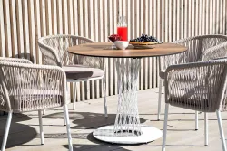 "Марсель" стул плетеный из роупа, каркас алюминий белый муар, роуп бежевый круглый, ткань бежевая 035