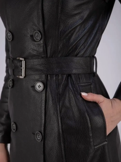 Тренч длинный кожаный с поясом плащ на весну